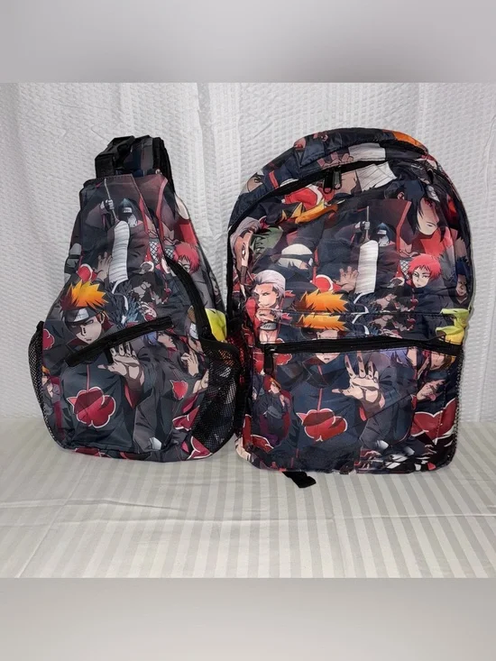 New! 2 Piece Anime Naruto Print Black Backpack And Sling Bag