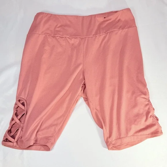 LOVE STREAK Women's XL Rose Pink Biker‎ Shorts Stretch Lace-Up Ruched