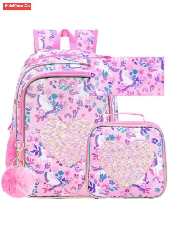 3pc Unicorn Backpack Set with Lunch Box Pencil Pouch Sequin Flip School Bag