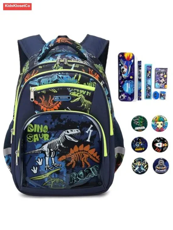 Clear Pocket Dinosaur Backpack for Boys with Badges, School Bag