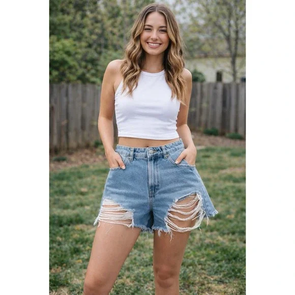 Zara Distressed Denim Shorts‎ High Rise Frayed Cutoff Festival Y2K Summer Size 4