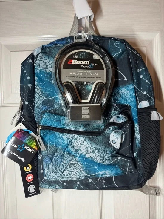 StarPoint Blue Galaxy Backpack with On-ear 3.5mm plug Headphones (not bluetooth)