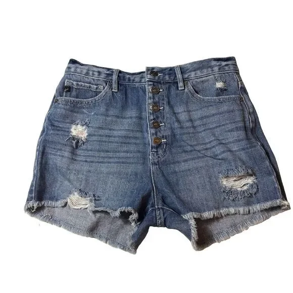 Kancan Button Fly Denim Distressed Raw Hem High Rise Jean Shorts Size Large