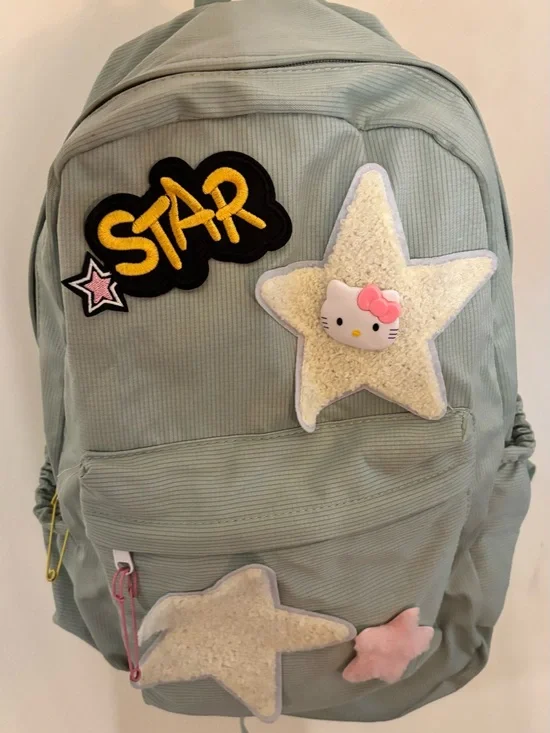 Hello Kitty Mint Green Backpack with Star Patches and Plush Accents