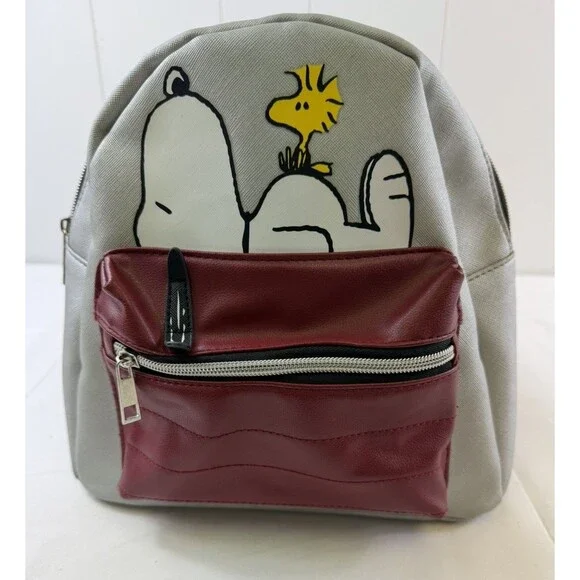 Peanuts Snoopy & Woodstock Silver Mini Backpack Red Doghouse Pocket Tote Bag