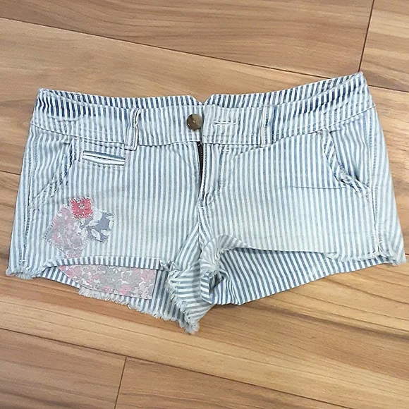 American Eagle Outfitters Striped with Patchwork Detail Denim Shorts.