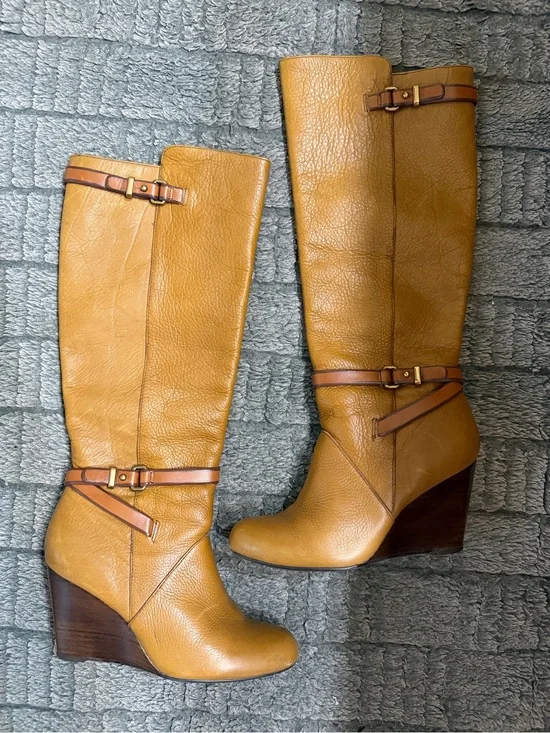 Coach Adair Tan Leather Wedge Knee-High Boots with Brown Strap Accents