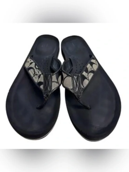 Coach Wedge Sandals Black Tan Signature Canvas Jaicee C logo size 10
