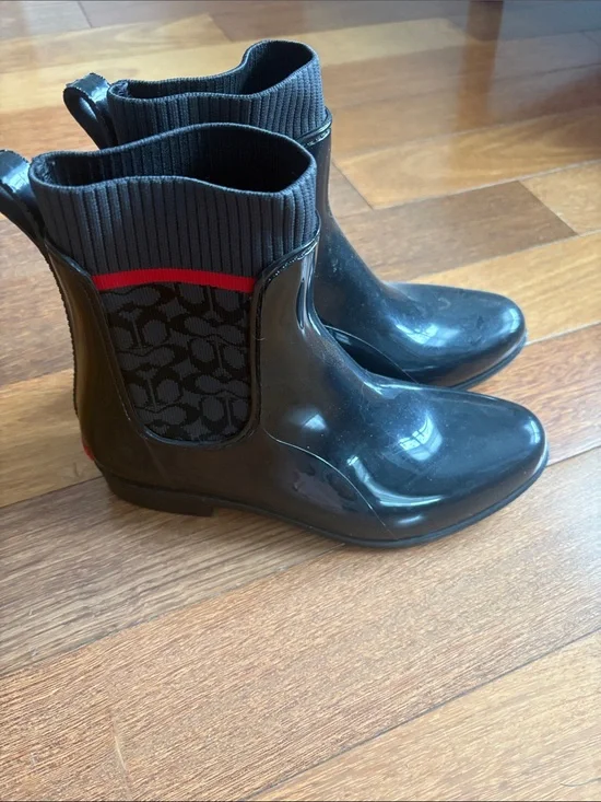 Coach Black Glossy Logo Chelsea Rain Boots with Red Accent