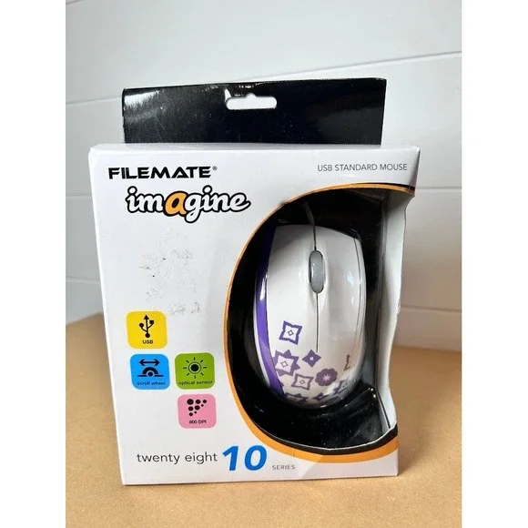 Filemate Imagine 10 Series USB Standard Mouse White‎ Purple Floral NB-3708 New