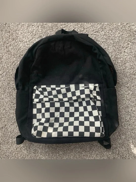 Black Backpack with Checkerboard Front Pocket & Matching Zipper Pouch