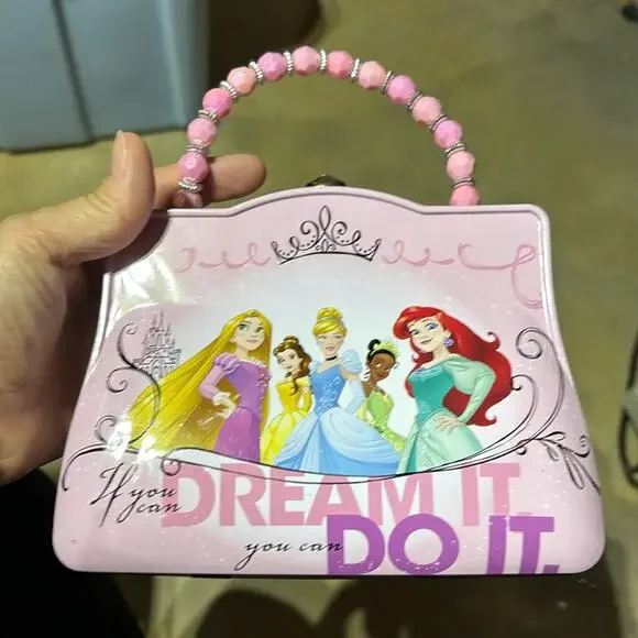 Disney princess metal tin purse storage container euc belle Cinderella rapunzel