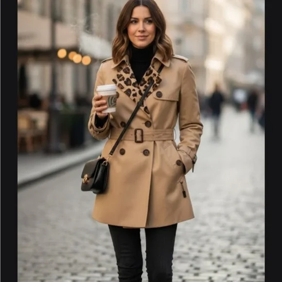 Coach Beige Trench Coat with Leopard Detail