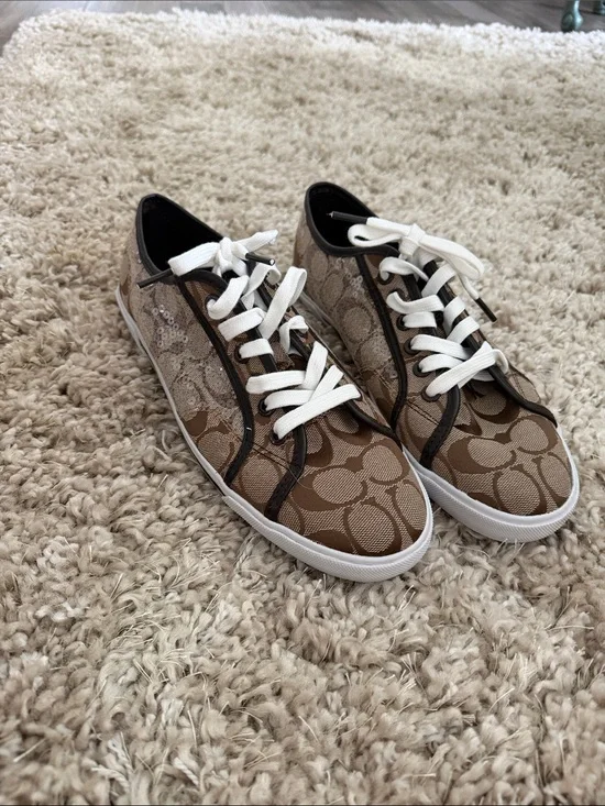Coach Signature Canvas Low-Top Sneakers in Brown with White Laces