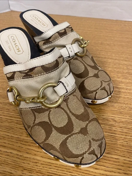 Coach Brown Signature Canvas Mule with White Trim and Gold Bit