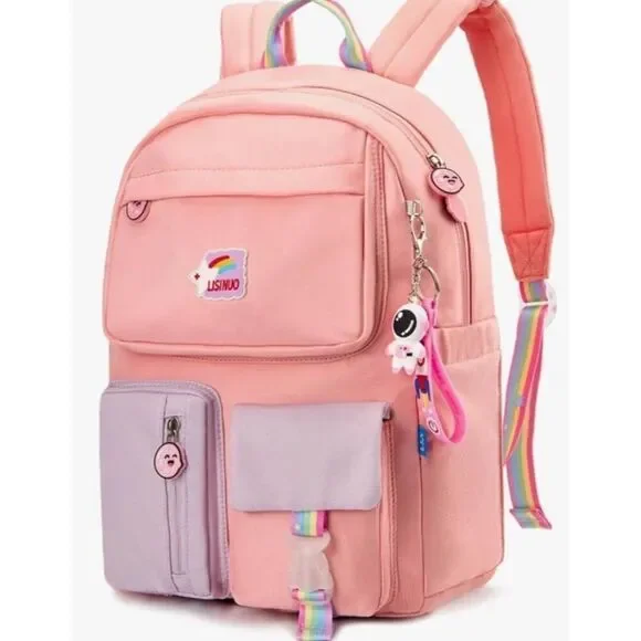 Kids Girls Pink Canvas Backpack School Bag Bottle Pockets Large Insulated NWT
