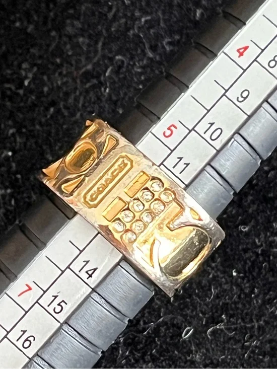 COACH Gold Tone Signature C Wide Cigar Band Ring Swarovski Crystals Sz 5.5/6