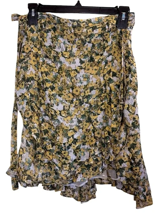 Isabel Marant Yellow Green Silk Perforated Floral Cottagecore Wrap Mini Skirt