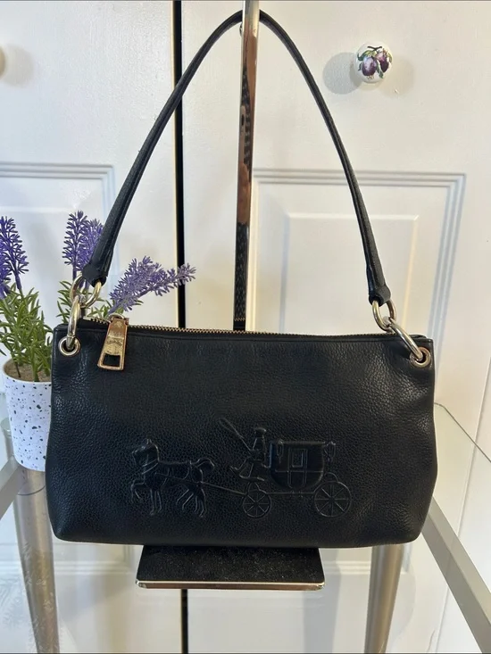 Coach Vintage Black Leather Shoulder Bag with Embossed Carriage