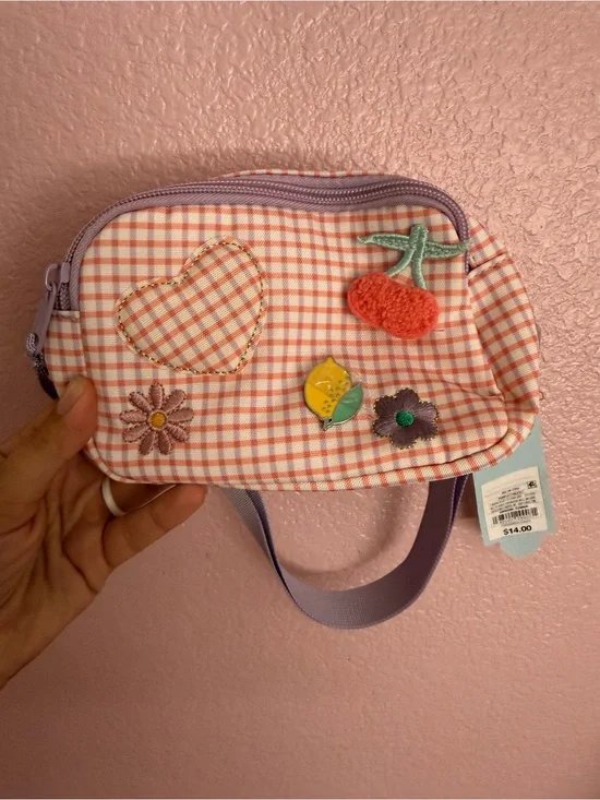 Cat & Jack Pink Check Plaid Kids Wristlet with Cherry & Floral Patches