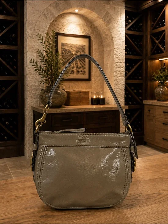 COACH Zoe Small Olive Patent Leather Hobo Shoulder Bag