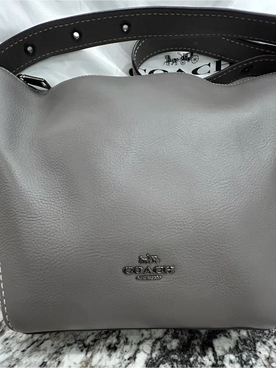 Coach Gray Leather Shoulder Bag with Silver-Tone Logo