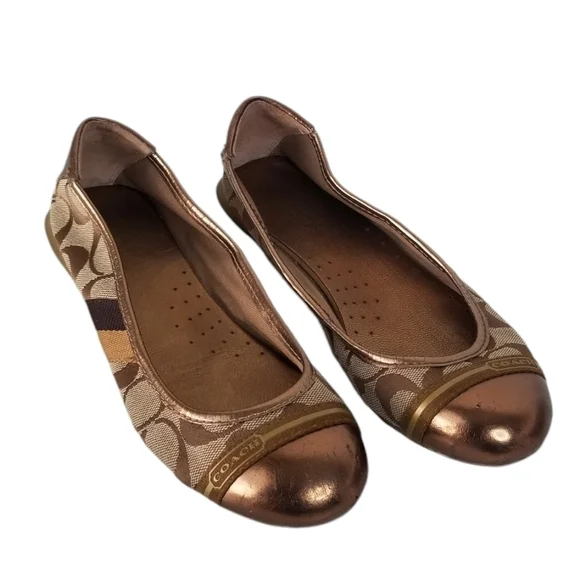 Coach Bronze Gold Canvas Logo Ballet Flats Size 6B