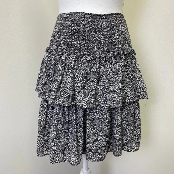 Anthropologie Floral Smocked Tiered Ruffle Mini Skirt S Boho Black White