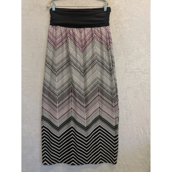 AB Studio Women Maxi Skirt Geometric Print‎ Black Pink White XL Elastic Waist