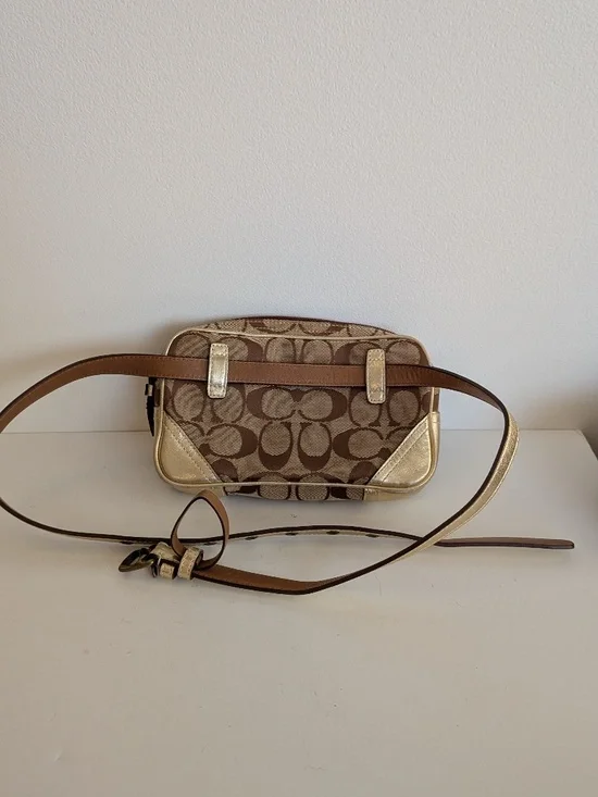 Coach Signature Canvas Waist Belt Bag Pouch Gold Leather Accents
