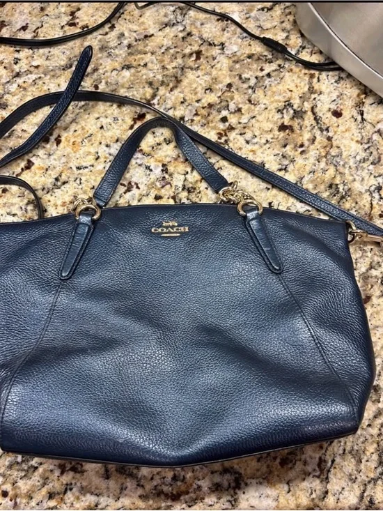Coach Navy Pebbled Leather Shoulder Tote with Gold Hardware