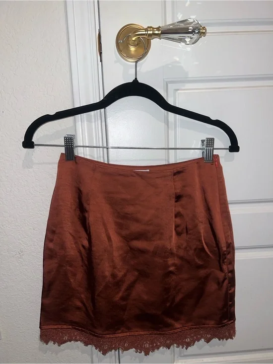 Princess Polly Rust Satin Lace-Trim Mini Skirt