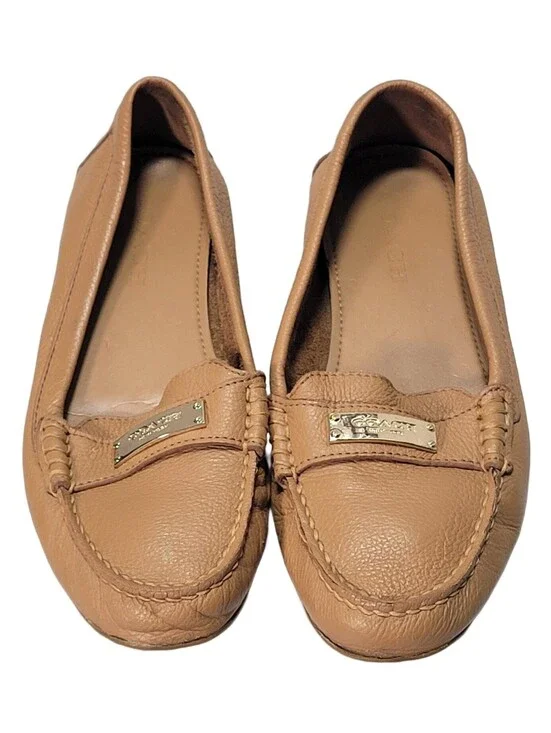 Coach Fredrica Loafers Women 8B Tan Leather Gold Logo Driving Moccasins A5175