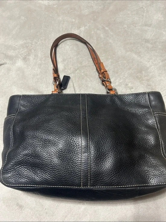 Coach Black Leather Shoulder Tote with Tan Handles