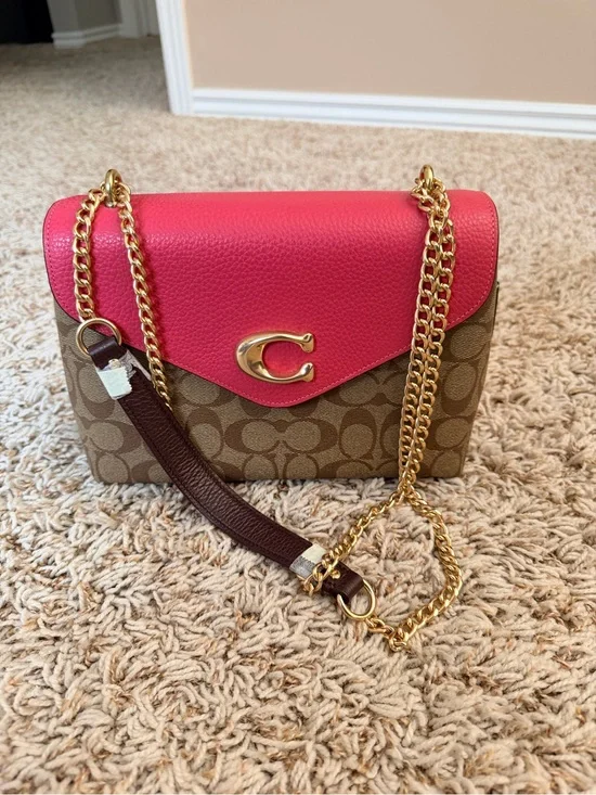 Coach Tammie Shoulder Bag in Signature Canvas with Colorblock Pink Flap