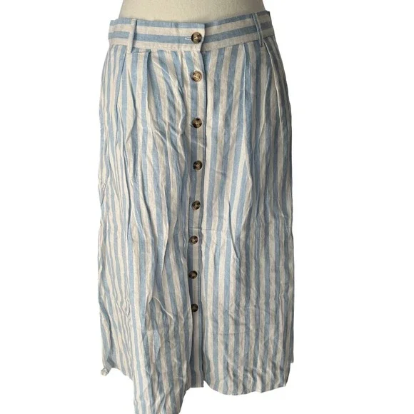 Everly Blue White Striped Linen Blend Button Front Midi Skirt Womens Large‎