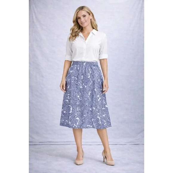 Jones New York Large Blue White Paisley Linen Blend‎ Tiered Midi Skirt