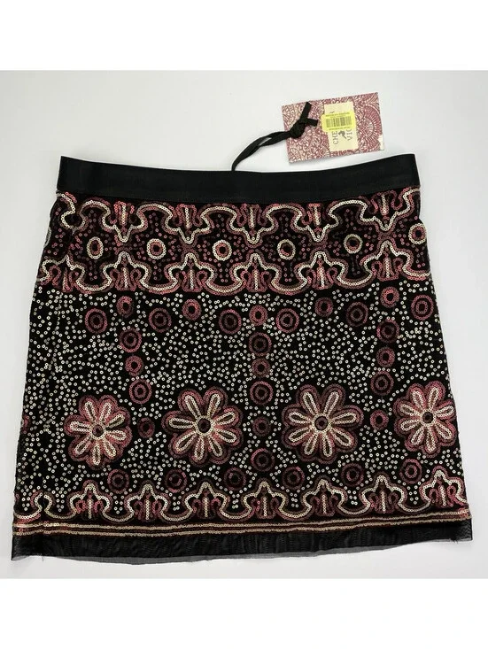 NWT Chelsea Violet Sequin Mini Skirt S Black Pink Boho Beaded Festival Party