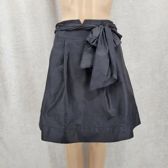 Trina Turk Silk Crepe Black A-Line Pleated Midi Skirt Bow Ties Waist Pockets