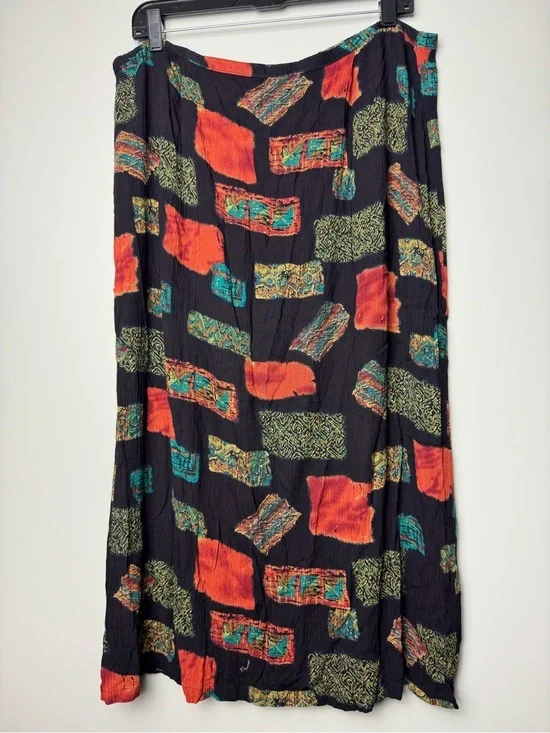 Vintage Black Maxi Skirt with Orange, Teal & Olive Patchwork