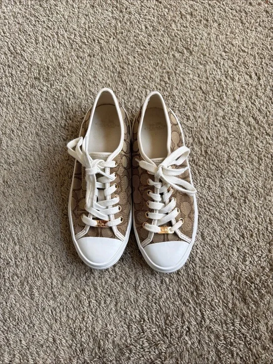 Coach Tan Signature Canvas Low-Top Sneakers with White Accents