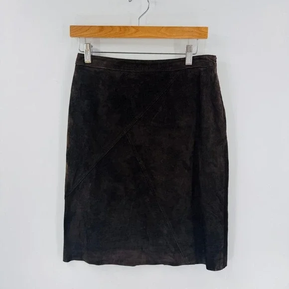 Vintage Kate Hill‎ Suede Skirt 8P Petite 100% Leather Classic Brown Timeless