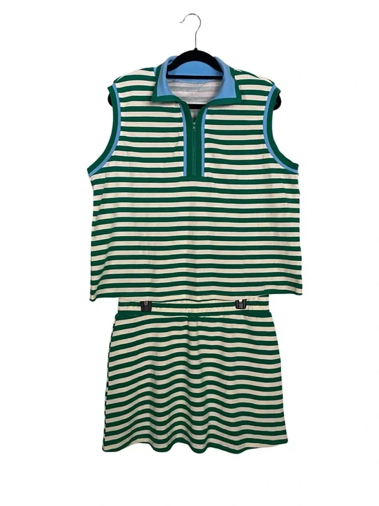 Green and Cream Striped Sleeveless Quarter Zip Skort 2 Piece Set Womens Size XL