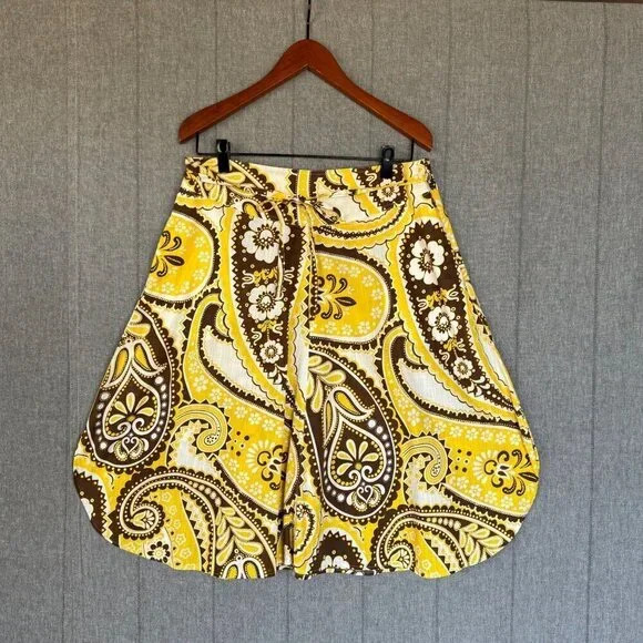 Vintage Talbots Yellow BrownPaisley Print A line Midi Skirt Plus Size 14 Petite