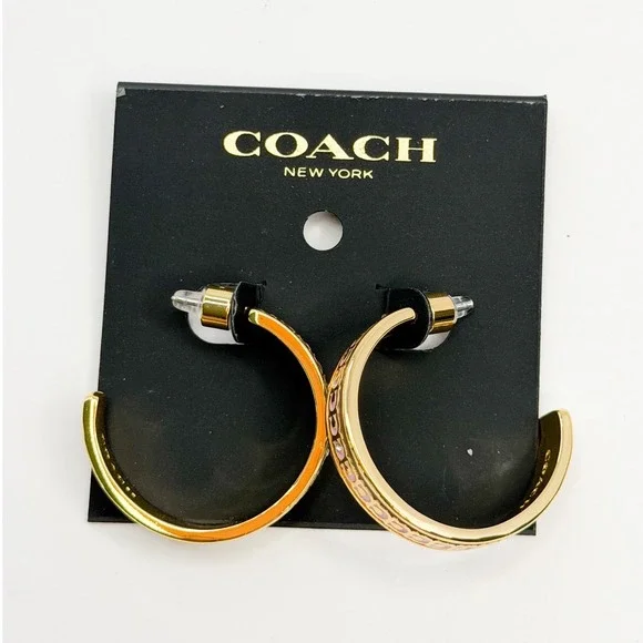 Coach Signature C Enamel Hoop Earrings Gold Tone Tan‎ Brown Medium C-Link NWT