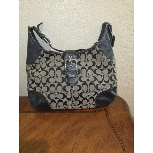 Coach Hamptons Black Gray Jacquard Shoulder Hobo Bag Purse Canvas Y2K # F12640