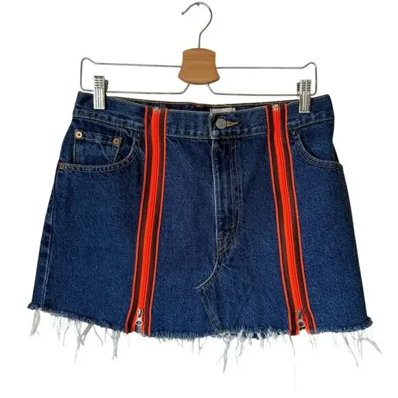 Furst of a kind Upcycled Denim Mini Skirt with custom zippers Levi's Size 30