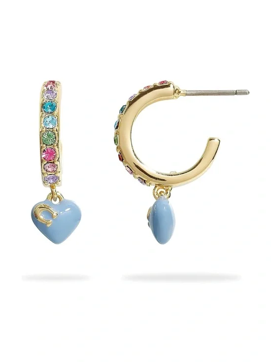 Coach New Gold Hoop Earrings with Blue Heart and Multicolor Gems
