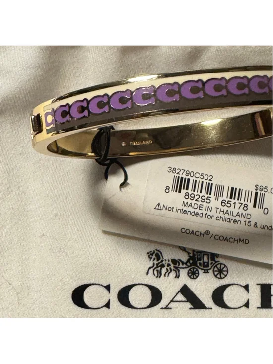 Coach repeating, C logo, gold, and purple hinged enamel bracelet