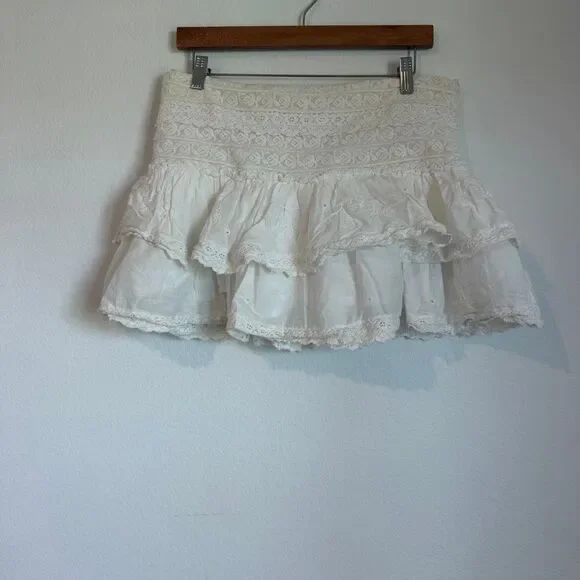 Free People White Eleanora Lace Eyelet Tiered Mini Skirt Women's Size Large